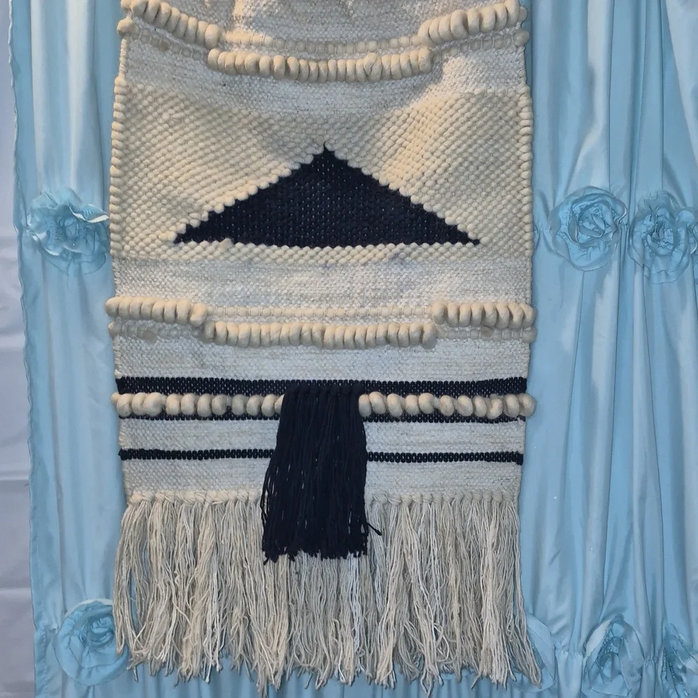 Vintage Handcrafted Cotton wool Handwoven Blue Ivory Tassel Boho wall hanging